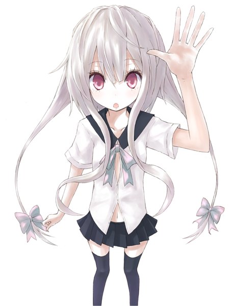 Anime picture 1166x1523 with original buran (kure) single long hair tall image looking at viewer blush fringe open mouth simple background standing white background twintails silver hair pink eyes from above low twintails girl thighhighs uniform