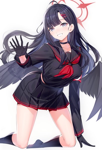 Anime picture 1280x1880 with blue archive ichika (blue archive) ririko (zhuoyandesailaer) single long hair tall image fringe black hair simple background smile white background ahoge blunt bangs pleated skirt grey eyes leaning grin kneeling black wings low wings