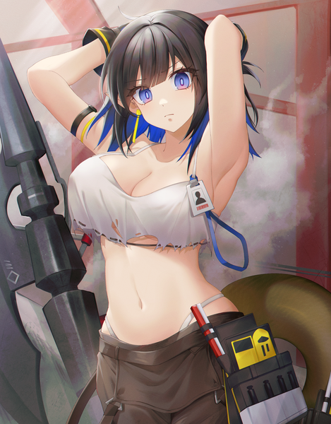 Anime picture 1798x2300 with arknights eunectes (arknights) eunectes (forgemaster) (arknights) ryu.o single long hair tall image looking at viewer fringe highres breasts blue eyes light erotic black hair large breasts blue hair tail blunt bangs head tilt multicolored hair