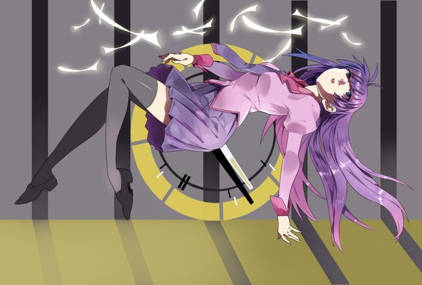 Anime picture 1748x1181 with bakemonogatari shaft (studio) monogatari (series) senjougahara hitagi syx (guaizi) single long hair fringe highres blue eyes simple background looking away purple hair flying girl thighhighs skirt uniform black thighhighs school uniform