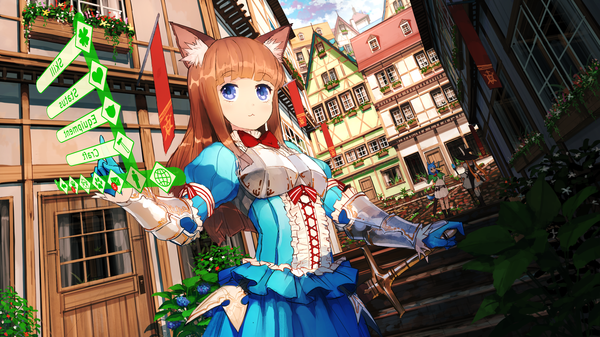 Anime picture 2560x1440 with original jean popo long hair looking at viewer highres blue eyes brown hair wide image animal ears cat ears cat girl wallpaper girl dress flower (flowers) weapon plant (plants) sword armor building (buildings)