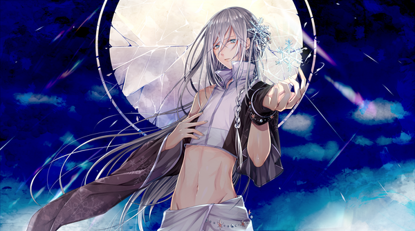 Anime picture 2000x1119 with utau toudou charo single long hair looking at viewer highres wide image silver hair braid (braids) nail polish wind groin single braid outstretched hand silver eyes boy navel hair ornament snowflake (snowflakes) debris