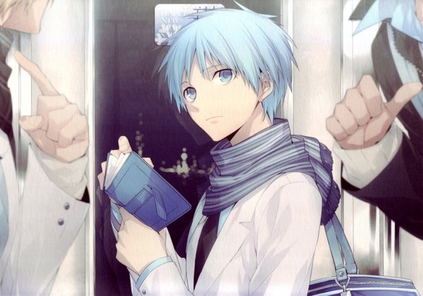 Anime picture 3050x2140 with kuroko no basket production i.g kuroko tetsuya single looking at viewer highres short hair blue eyes blue hair absurdres scan boy scarf book (books)