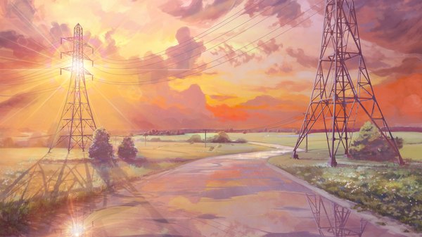 Anime picture 1920x1080 with everlasting summer iichan eroge arsenixc vvcephei highres wide image game cg sky cloud (clouds) sunlight wallpaper no people landscape scenic collaboration meadow sun power lines road