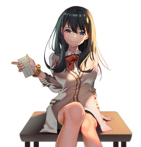 Anime picture 900x941 with gridman universe ssss.gridman studio trigger takarada rikka hj (leeho830) single long hair tall image looking at viewer blush fringe blue eyes black hair simple background smile hair between eyes white background sitting holding bent knee (knees)
