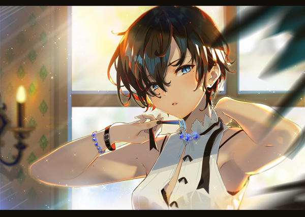 Anime picture 3624x2591 with original arutera single looking at viewer blush fringe highres short hair blue eyes black hair hair between eyes absurdres upper body parted lips mole armpit (armpits) depth of field sleeveless mole under eye letterboxed