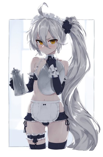 Anime picture 1000x1519 with girls frontline pkp (girls frontline) kylin single tall image looking at viewer blush fringe breasts light erotic hair between eyes holding brown eyes silver hair ahoge very long hair maid side ponytail border ass visible through thighs