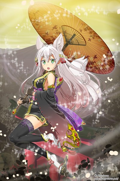 Anime picture 1067x1600 with original kimura tatsuki single long hair tall image looking at viewer blush open mouth green eyes animal ears white hair tail animal tail zettai ryouiki fox ears fox tail scenic midair girl thighhighs