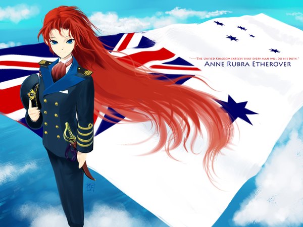 Anime picture 1400x1050 with original alf874 long hair blue eyes red hair very long hair wind text english australia uniform military uniform flag british flag