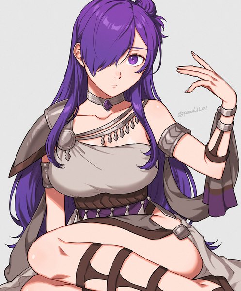 Anime picture 1800x2171 with fire emblem fire emblem: three houses fire emblem warriors: three hopes nintendo shez (fire emblem) shez (female) (fire emblem) peach11 01 single long hair tall image looking at viewer fringe highres light erotic simple background sitting purple eyes signed purple hair hair over one eye