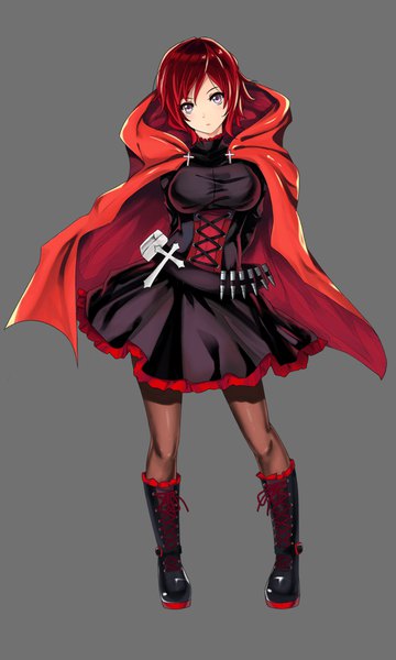 イラスト 600x1000 と rwby rooster teeth ruby rose 北斗神拳伝承者 ソロ 長身像 カメラ目線 赤面 前髪 短い髪 おっぱい simple background 大きな乳房 立つ 紫目 全身 赤髪 head tilt grey background hands behind back