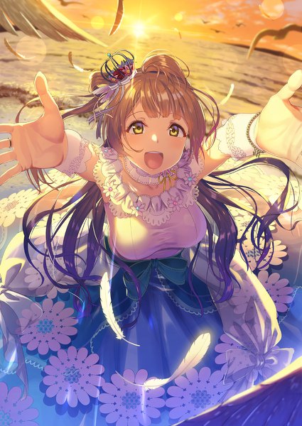 Anime-Bild 850x1200 mit love live! school idol project sunrise (studio) love live! minami kotori kichiroku single long hair tall image looking at viewer blush fringe breasts open mouth brown hair standing yellow eyes sky cloud (clouds) outdoors :d