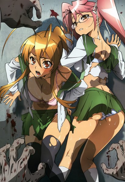 Anime picture 4093x5970 with highschool of the dead madhouse miyamoto rei takagi saya tall image highres light erotic twintails multiple girls pink hair absurdres ass pantyshot torn clothes girl thighhighs underwear panties 2 girls glasses