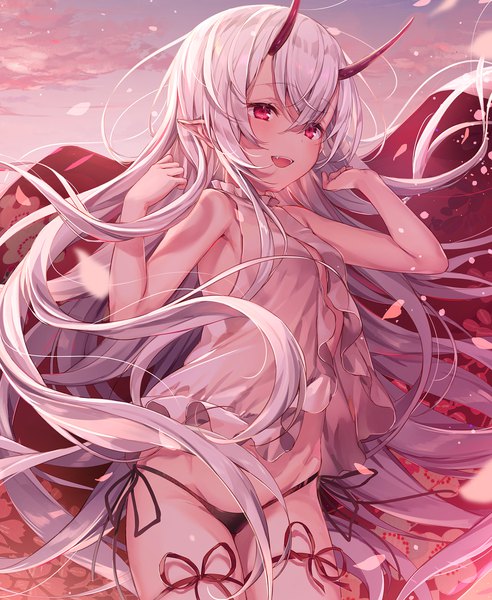 Anime picture 1192x1453 with original komeshiro kasu single long hair tall image looking at viewer blush fringe open mouth light erotic smile hair between eyes red eyes sky cloud (clouds) white hair :d horn (horns) pointy ears fang (fangs)