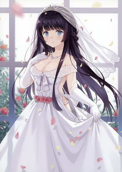 Anime picture 2484x3500 with original melonbooks kurasawa moko single long hair tall image looking at viewer blush fringe highres breasts blue eyes light erotic black hair large breasts standing bare shoulders cleavage indoors blunt bangs