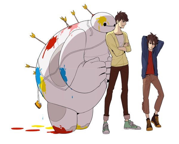 Anime picture 1280x1033 with big hero 6 disney hiro hamada (big hero 6) baymax (big hero 6) tadashi hamada (big hero 6) short hair simple background brown hair standing white background brown eyes looking away bent knee (knees) multiple boys leaning leaning forward crossed arms arms behind head lacing frown
