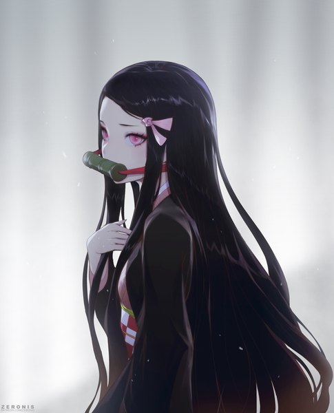 Anime picture 3400x4200 with kimetsu no yaiba ufotable kamado nezuko paul (shiramune) single long hair tall image highres black hair holding looking away absurdres traditional clothes japanese clothes pink eyes arm up grey background gradient background mouth hold watermark