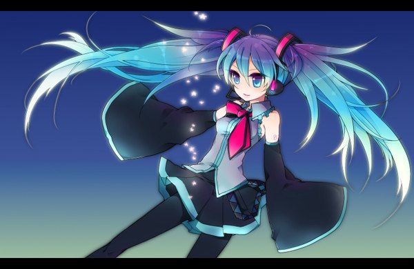 Anime picture 1500x977 with vocaloid hatsune miku iwashita (nukopo) single long hair simple background twintails ahoge multicolored hair aqua eyes aqua hair girl skirt detached sleeves miniskirt headphones