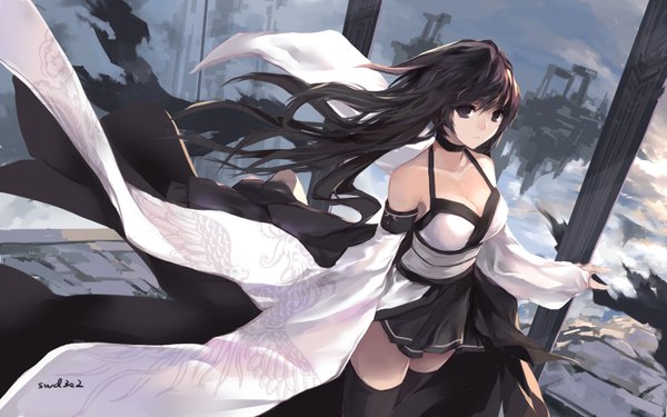 Anime picture 2048x1280 with seinarukana paradise (character) narukana swd3e2 single long hair looking at viewer highres black hair wide image bare shoulders black eyes girl thighhighs dress black thighhighs detached sleeves