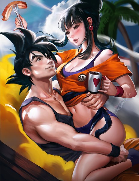 Anime picture 1236x1600 with dragon ball son goku chi-chi (dragon ball) sakimichan long hair tall image blush fringe breasts open mouth light erotic black hair large breasts sitting holding signed cleavage outdoors blunt bangs parted lips
