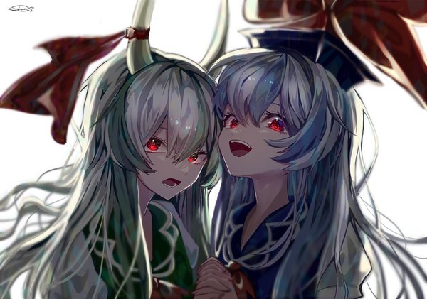 Anime picture 1528x1072 with touhou kamishirasawa keine samon (vxxr8575) long hair looking at viewer fringe open mouth simple background smile hair between eyes red eyes white background multiple girls signed blue hair upper body white hair :d multicolored hair horn (horns)