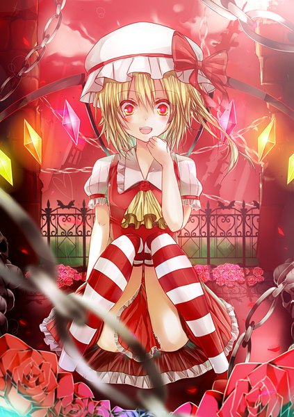 Anime picture 1405x1992 with touhou flandre scarlet toufukin single tall image short hair open mouth blonde hair smile red eyes silver hair ponytail short sleeves puffy sleeves side ponytail glowing girl thighhighs dress flower (flowers)