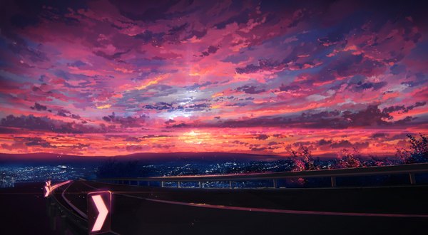 Anime picture 1575x868 with original knyt wide image sky cloud (clouds) sunlight city evening sunset horizon cityscape mountain no people landscape scenic red sky twilight plant (plants) tree (trees) sun