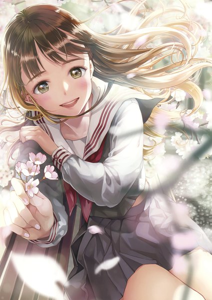 Anime picture 2125x3000 with original eshi 100-nin ten matsuzaki miyuki single long hair tall image looking at viewer blush fringe highres open mouth smile brown hair sitting green eyes outdoors :d pleated skirt fingernails from above