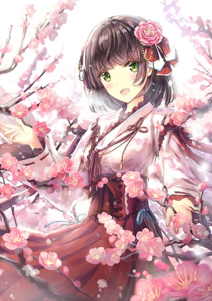 Anime picture 1240x1754 with original missle228 single tall image looking at viewer blush fringe short hair open mouth black hair smile standing green eyes outdoors blunt bangs traditional clothes :d japanese clothes miko new year