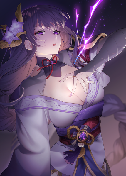 Anime picture 1430x2000 with genshin impact raiden shogun sino42 single long hair tall image breasts light erotic large breasts purple eyes cleavage purple hair braid (braids) traditional clothes japanese clothes mole mole under eye single braid electricity girl