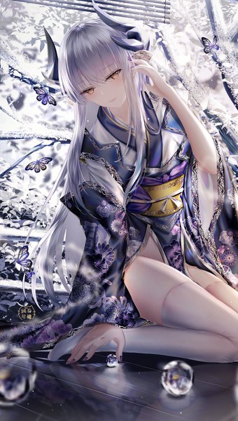 Anime picture 2089x3681 with fate (series) fate/grand order kiyohime (fate) junpaku karen single long hair tall image blush fringe highres hair between eyes sitting signed payot silver hair full body long sleeves nail polish traditional clothes head tilt