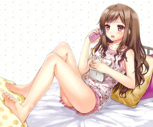 Anime picture 1170x970 with original momoko (momopoco) single long hair blush open mouth red eyes brown hair barefoot legs food print cherry print girl pillow bed