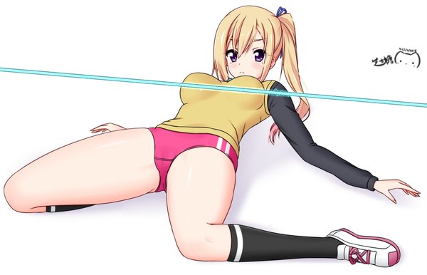 Anime picture 1100x709 with musaigen no phantom world kawakami mai nagi-the-cheese (ppshex) single long hair blush breasts light erotic blonde hair simple background white background purple eyes mole spread legs mole under eye side ponytail girl socks shoes black socks