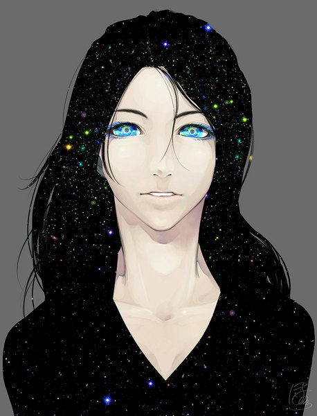 Anime picture 900x1180 with original poaro single long hair tall image looking at viewer blue eyes black hair simple background signed cleavage parted lips light smile grey background makeup starry sky print double exposure girl dress black dress