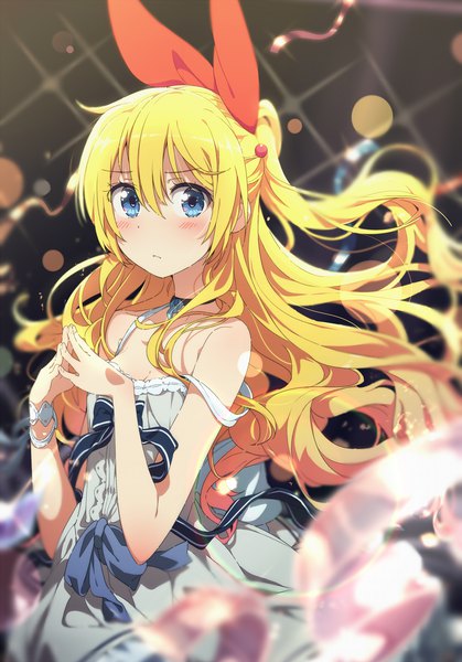 Anime picture 1396x2000 with nisekoi shaft (studio) kirisaki chitoge ogipote single long hair tall image looking at viewer fringe breasts blue eyes blonde hair hair between eyes cleavage blurry strap slip half updo fingers together girl dress