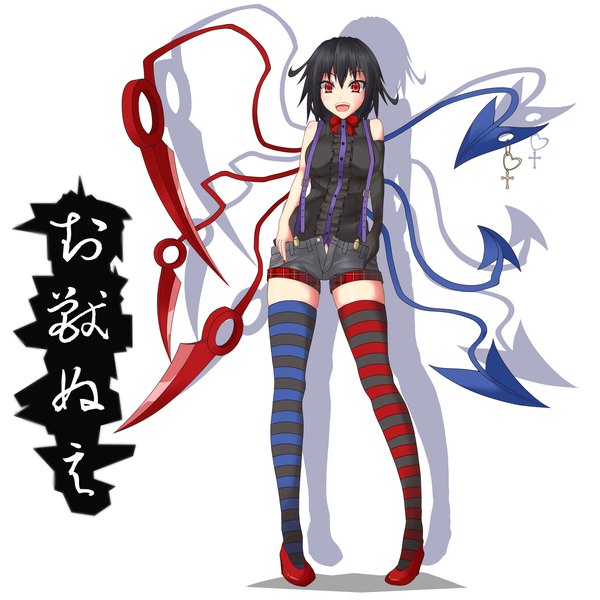 Anime picture 2000x2000 with touhou houjuu nue gmot single looking at viewer highres short hair open mouth black hair red eyes bare shoulders different thighhighs girl thighhighs gloves wings elbow gloves shorts striped thighhighs