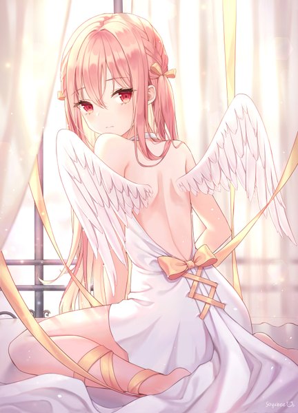 Anime picture 1200x1666 with original soyubee single long hair tall image looking at viewer blush fringe hair between eyes red eyes sitting bare shoulders signed pink hair indoors braid (braids) looking back from behind two side up back