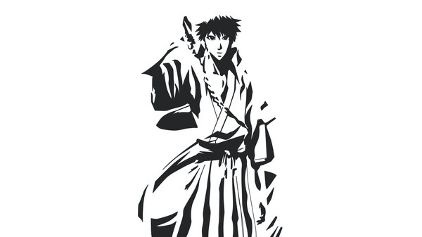Anime picture 1920x1080 with bleach studio pierrot kurosaki ichigo kiro (mieru) single looking at viewer fringe highres short hair simple background hair between eyes wide image standing white background monochrome high contrast flat color boy