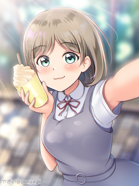 Anime picture 1876x2520 with hello!!! love live! sunrise (studio) love live! tang keke ponyagii single tall image looking at viewer blush fringe highres short hair smile brown hair holding signed upper body arm up aqua eyes sunlight