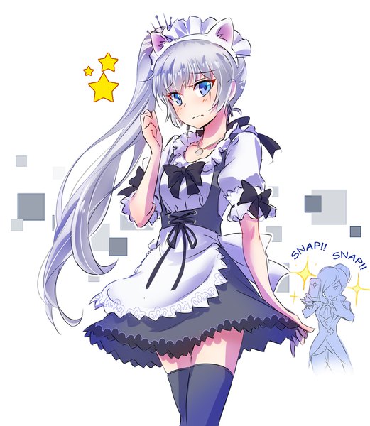 Anime picture 1737x2000 with rwby rooster teeth weiss schnee winter schnee iesupa tall image looking at viewer blush highres blue eyes simple background white background multiple girls animal ears silver hair cat ears maid alternate costume embarrassed zettai ryouiki