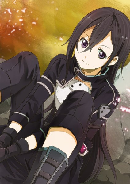 Anime picture 1000x1414 with sword art online a-1 pictures kirigaya kazuto mikuni saho (artist) single long hair tall image black hair sitting purple eyes looking away light smile from above dutch angle boy gloves boots armor cloak