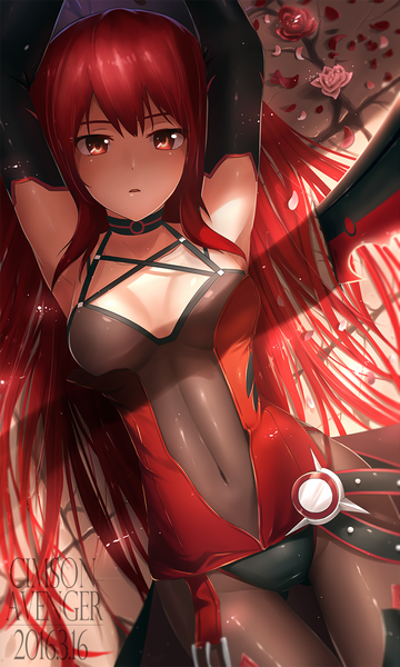 Anime picture 709x1181 with elsword elesis (elsword) bu li single long hair tall image looking at viewer blush fringe open mouth light erotic red eyes bare shoulders payot red hair lying from above sunlight inscription arms up