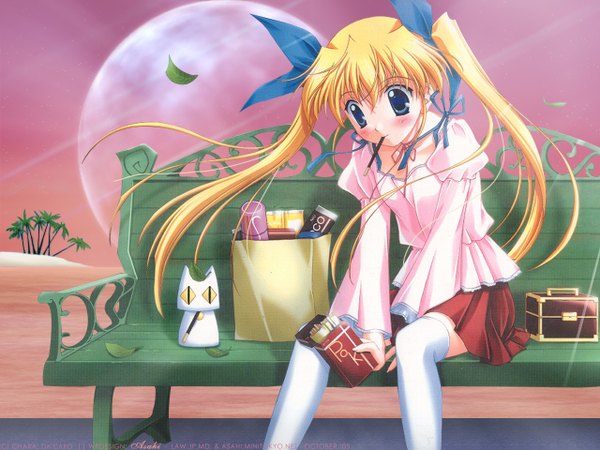 Anime picture 1280x960 with da capo yoshino sakura single long hair blush blue eyes blonde hair sitting twintails wind wallpaper looking down food in mouth girl thighhighs ribbon (ribbons) plant (plants) hair ribbon white thighhighs tree (trees)
