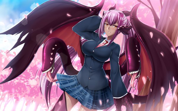 Anime picture 3500x2187 with monster girl encyclopedia jabberwock (monster girl encyclopedia) butter-t single looking at viewer blush fringe highres breasts hair between eyes wide image large breasts standing brown eyes payot pink hair absurdres sky outdoors tail