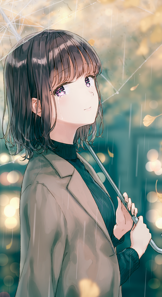 Anime picture 547x1000 with original hiten (hitenkei) single tall image looking at viewer blush fringe short hair black hair standing purple eyes holding upper body outdoors blunt bangs long sleeves light smile blurry depth of field tears