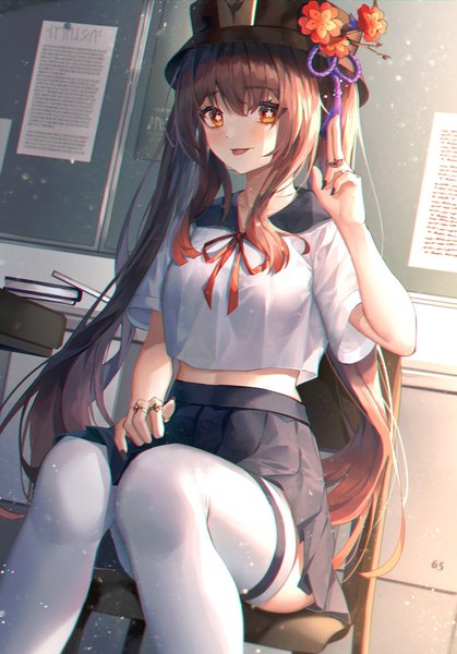 Anime picture 1429x2048 with genshin impact hu tao (genshin impact) minttchocok single long hair tall image looking at viewer blush fringe red eyes brown hair sitting twintails indoors nail polish pleated skirt fingernails midriff alternate costume symbol-shaped pupils