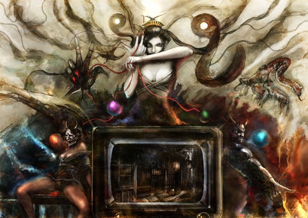 Anime picture 2779x1969 with original bccp highres black hair cleavage red hair nail polish japanese clothes horn (horns) fingernails off shoulder spread legs long fingernails demon abstract ribbon (ribbons) animal kimono bird (birds) mask