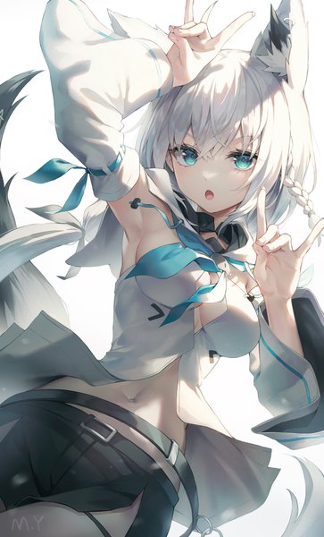 Anime picture 1500x2480 with virtual youtuber hololive shirakami fubuki shirakami fubuki (1st costume) myung yi single long hair tall image looking at viewer fringe breasts open mouth blue eyes simple background hair between eyes standing white background signed animal ears payot
