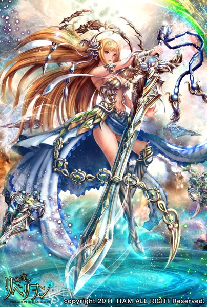 Anime picture 1000x1484 with violation of rebellion (game) rebellion single tall image looking at viewer fringe light erotic blonde hair bare shoulders holding cloud (clouds) bent knee (knees) very long hair pink eyes bare belly sleeveless magic girl navel hair ornament