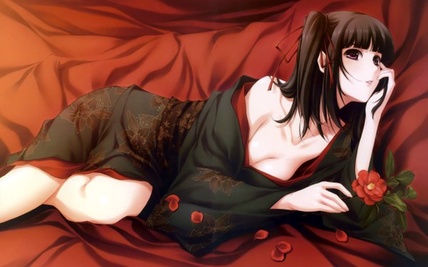 Anime picture 4935x3088 with single highres light erotic black hair wide image purple eyes twintails absurdres cleavage japanese clothes no bra short twintails girl flower (flowers) ribbon (ribbons) hair ribbon